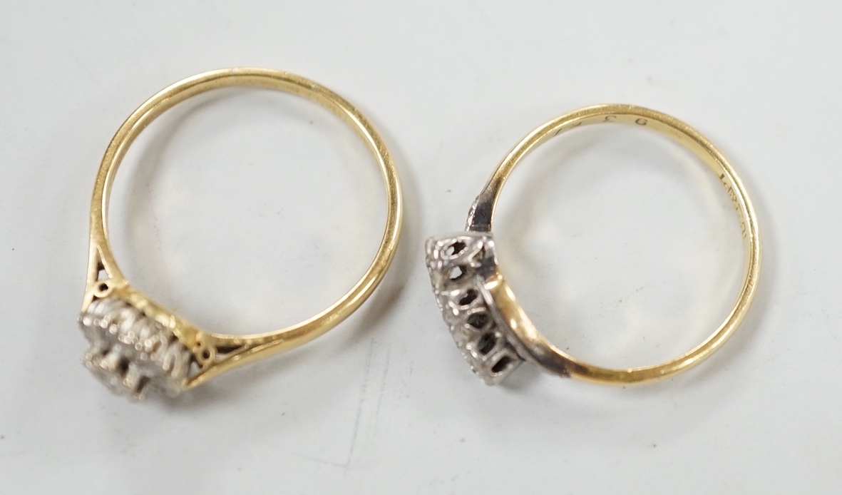 Two 18ct and diamond chip set rings including three stone crossover, size M, gross weight 5.4 grams.